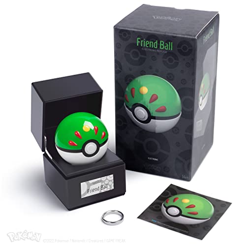 The Wand Company Pokémon Friend Ball Authentische Nachbildung – realistische, elektronische, druckgegossene Pokékugel mit Kugel und Vitrine – offizielles Lizenzprodukt von Pokemon von The Wand Company