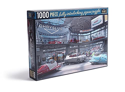 Fallout 1000 Teile Puzzle - A Busy Day - zeigt den Chryslus Showroom auf seinem Höhepunkt, voller Kunden Autos von The Wand Company