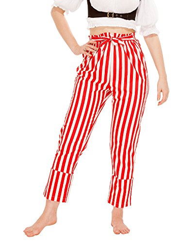Piraten-Kostüm für Damen, Renaissance, Mittelalter, Gothic, Wench, Cosplay, Selbstbindung, Rüschen, Taille, 100 % Baumwolle, gestreifte Hose, Weiß, Rot, Small von ThePirateDressing