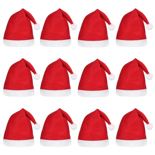 Theaque 12 Stück Weihnachtsmannmützen, bequeme Weihnachtsmützen für Erwachsene, rote klassische Weihnachtsmütze für Erwachsene, Weihnachtsmützen für Männer und Frauen von Theaque