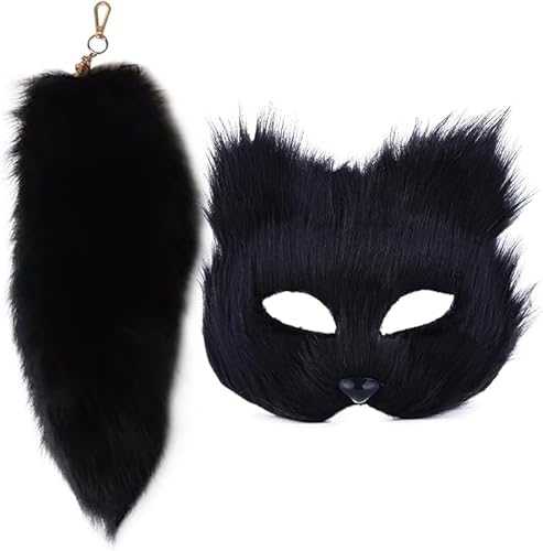 Therian Maske und Schwanz Set für Mädchen Pelzmaske & Langer Fuchsschwanz Halloween Katze Maske Schwanz Cosplay Fuchsmaske Wolfsschwanz von Theaque