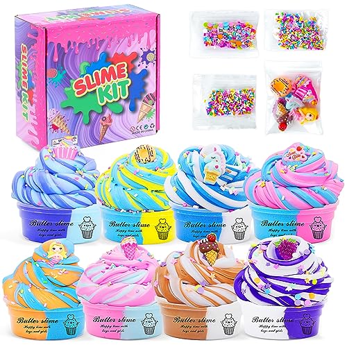 Thedttoy Fluffy Slime Set DIY Schleim Kinder, 8 Pack Butter Slime Kit zum Selbermachen, Poopsie Selber Machen Scented Putty Spielzeuge Party Favor Geschenke für Junge Mädchen von Thedttoy