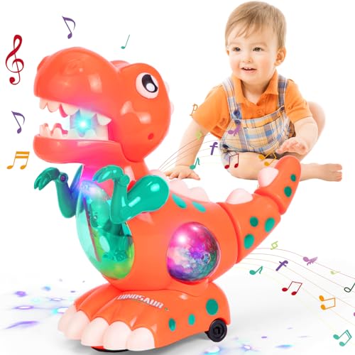 Thedttoy Spielzeug ab 1 2 3 Jahr Jungen Mädchen, Krabbelnde Dinosaurier Babyspielzeug 9 12 18 Monate Musik Dinosaurier Spielzeug mit LED, Weihnachten Geschenk für Junge Mädchen 1 2 3 Jahre (Orange) von Thedttoy