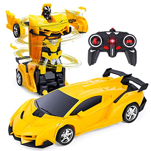 Thedttoy Transformator Ferngesteuertes Auto Spielzeug mit 2.4GHz Fernbedienung, 1:18 Ferngesteuerte Roboter Transform RC Auto für Kinder Junge, Transforming Spielzeug Geschenke ab 4-12 Jahre (Gelb) von Thedttoy