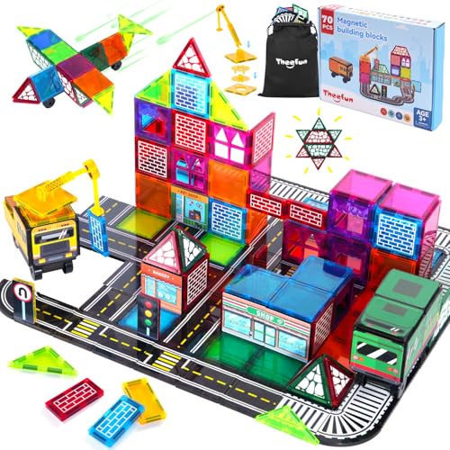 Theefun Magnetische Bausteine, 70PCS 3D Doppelseitiges Straßenset Magnetbausteine mit Kran und Auto STEM Lernen Sensorische Montessori Spielzeug Geschenk für 3+ Jahre alte Jungen und Mädchen von Theefun