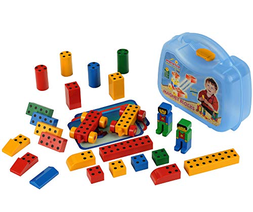 Klein Theo 635 Manetico Basic-Box, mittel | 25 Verschiedene Bunte Magnet-Bausteine | 6 Karten mit Bauanleitungen | Maße Koffer: 19 cm x 8,5 cm x 21 cm | Spielzeug für Kinder ab 1 Jahr von Klein