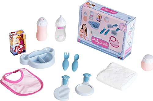 Klein Theo Baby Coralie Puppen ESS- und Pflegeset | 11-teiliges Set | Inkl. Flasche, Besteck, Lätzchen, Windel, Spiegel u.v.m. | Spielzeug für Kinder ab 3 Jahren von Klein