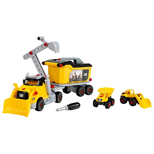 Klein Theo 3252 Cat® - Schraubtruck 4 in 1 I Konstruktionsspielzeug mit Werkzeugbox I Inkl. Bagger und Kipper I Spielzeug für Kinder ab 3 Jahren von Klein