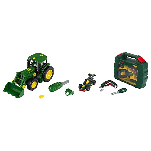 Theo Klein 3903 John Deere Traktor | Mit Frontlader und Gegengewicht 3 Jahren & 8395 Werkzeugkoffer-Set Bosch Grand Prix mit Ixolino-Akkuschrauber | Schraubbarer Rennwagen ab 3 Jahren von Klein