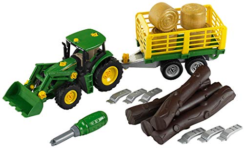 Klein Theo 3906 John Deere Traktor mit Holz- und Heuwagen I Schraubset inkl. Schraubendreher I Maße: 47 cm x 10,50 cm x 12 cm I Spielzeug für Kinder ab 3 Jahren von Klein