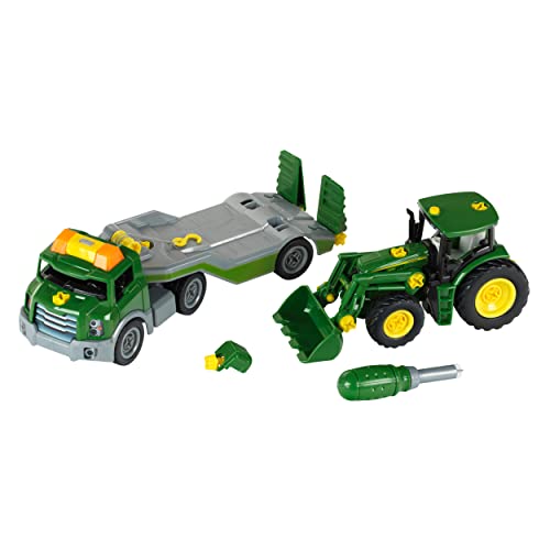 Klein Theo Transporter mit John Deere Traktor I Schraubset inkl. Schraubendreher I Maße: 36 cm x 10,50 cm x 17 cm I Spielzeug für Kinder ab 3 Jahren von Klein