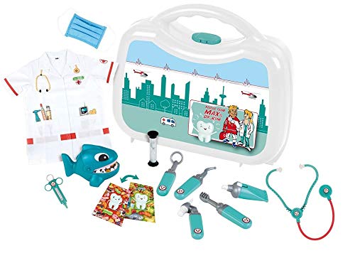 Klein Theo 4328 Zahnarztkoffer Deluxe I Inkl. Arztkostüm, Haifisch, Sanduhr und Zubehör. I Maße: 25 cm x 15 cm x 20 cm I Spielzeug für Kinder ab 3 Jahren von Klein