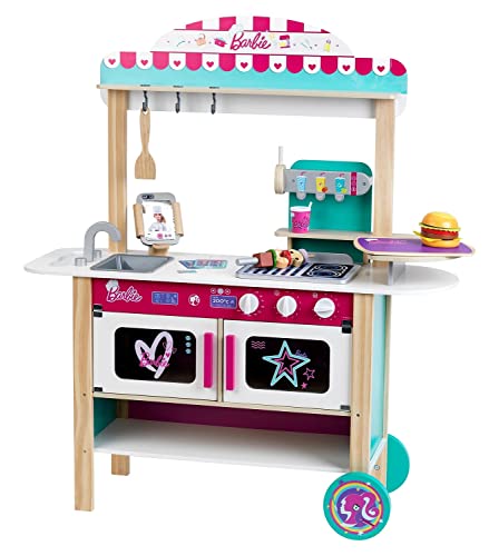 Theo Klein 7329 Barbie Holzküche, Restaurant Bistro, Holz (MDF) I mit Grill, Ofen und Kühlschrank I inkl. Kinder-Spielküche-Zubehör I Maße: 94 cm x 32 cm x 106 cm I Spielzeug für Kinder ab 3 Jahren von Klein