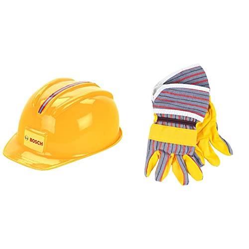 Theo Klein 8127 Bosch Handwerkerhelm | Der Spielzeughelm im Handwerker-Look | Größenverstellbar & 8120 Bosch Arbeitshandschuhe | Hochwertige Handschuhe in Einheitsgröße von Theo Klein