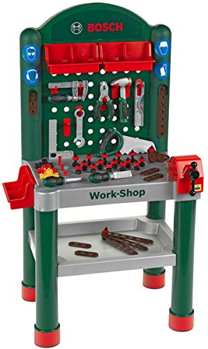 Klein Theo Bosch Workshop | 79-teilig|Arbeitsplatte mit Lernfunktion | Maße: 50 cm 37 cm 102 cm | Spielzeug für Kinder ab 3 Jahren von Klein