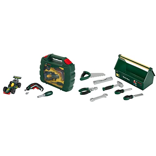 Theo Klein 8395 Werkzeugkoffer-Set Bosch Grand Prix mit Ixolino-Akkuschrauber I Maße: 32 cm x 26 cm x 9 cm I ab 3 Jahren & 8573 Bosch Werkzeug-Box I 7-teiliges Werkzeug-Set I ab 3 Jahren von Klein