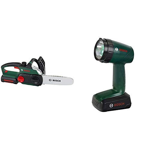 Theo Klein 8399 Bosch Kettensäge I Originalgetreue, kindgerechte Nachbildung I 13 cm x 39,5 cm x 14 cm & Bosch Akku-Lampe I Batteriebetriebene Lampe um 90 Grad drehbar I 9,5 cm x 6,4 cm x 18 cm von Klein