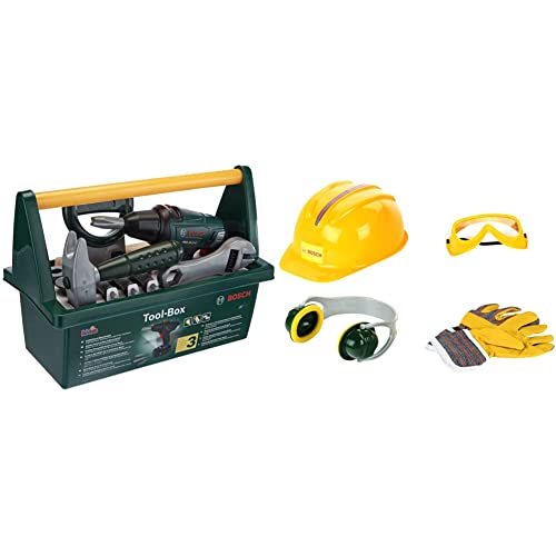 Theo Klein 8429 Bosch Werkzeug-Box | Mit Säge, Hammer, Zange und vielem mehr & 8537 Bosch Zubehör-Set | Hochwertige Arbeitshandschuhe, Brille, Ohrenschützer und Helm | Im Bosch-Design von Klein