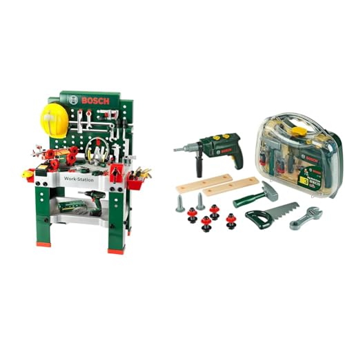 Theo Klein 8485 Bosch Werkbank Nr. 1 | 150-teilig | Inkl. Werkzeuge und Zubehör & 8416 Bosch Werkzeugkoffer, groß | 16-teiliges Werkzeug-Set | Inkl. batteriebetriebenem Bohrer mit Licht und Sound von Theo Klein