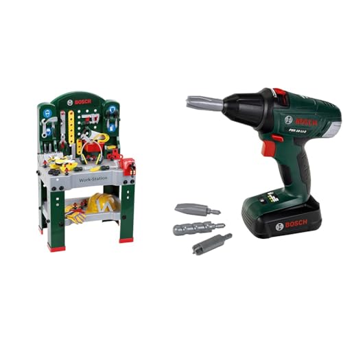 Theo Klein 8513 Bosch Work-Station, mit Auto und schutzzubehör (Mail-Order)& 8567 Bosch Akkuschrauber | Mit rotierenden und auswechselbaren Aufsätzen | Inkl. Licht und Sound von Theo Klein