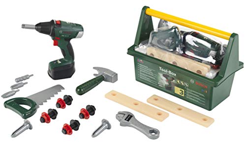 Klein Theo 8520 Bosch Werkzeug-Box | Mit Werkzeug und Zubehör| Inkl. batteriebetriebenem Akkuschrauber mit Licht und Sound | Spielzeug für Kinder ab 3 Jahren von Klein