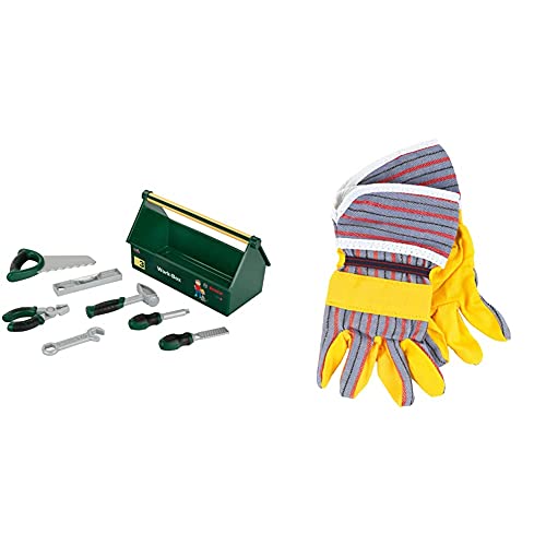 Theo Klein 8573 Bosch Werkzeug-Box I 7-teiliges Werkzeug-Set I Stabile Box mit Tragegriff 30,25 x 14 x 17,25 cm & Bosch Arbeitshandschuhe I Hochwertige Handschuhe in Einheitsgröße 10 x 1 x 19 cm von Theo Klein