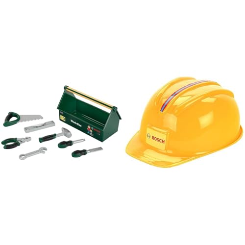 Theo Klein 8573 Bosch Werkzeug-Box I 7-teiliges Werkzeug-Set I Stabile Box mit Tragegriff 30,25 x 14 x 17,25 cm & Bosch Handwerkerhelm I Der Spielzeughelm im Handwerker-Look 25,8 x 19,5 x 11 cm, gelb von Klein