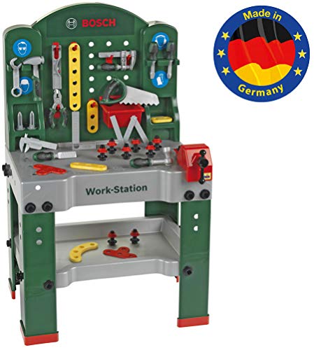 Klein Theo 8580 Bosch Work-Station | 44-teilig | Werkbank inkl. Arbeitssplatte mit Lernfunktion | Maße: 61 cm x 44,5 cm x 101 cm | Spielzeug für Kinder ab 3 Jahren von Klein