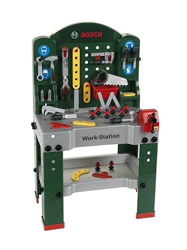 Klein Theo 8580 Bosch Work-Station | 44-teilig | Werkbank inkl. Arbeitssplatte mit Lernfunktion | Maße: 61 cm x 44,5 cm x 101 cm | Spielzeug für Kinder ab 3 Jahren von Klein