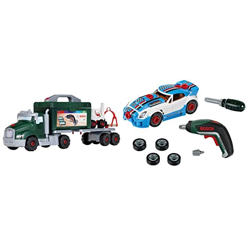 Theo Klein 8640 Bosch Schraubtruck Spiel-Set mit Ixolino I Konstruktions-Spielzeug & 8630 Bosch Car Tuning-Set | Zerlegbares Auto mit Tuning Zubehör | Mit batteriebetriebenem Akkuschrauber von Klein