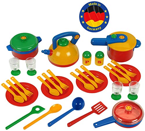 Emma's Kitchen großes Topfset | Buntes, Robustes Geschirr | Mit Schnellkochtopf, Kochlöffel, Pfanne und vielem mehr | Verpackungsmaße: 29,5 cm x 14,75 cm x 24 cm | Spielzeug für Kinder ab 2 Jahren von Klein