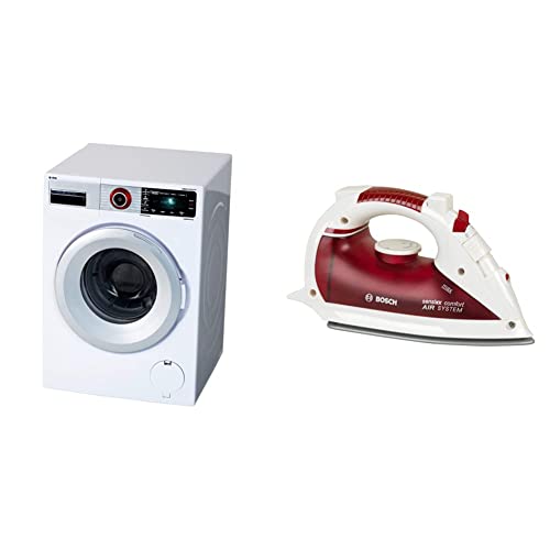 Theo Klein 9213 Bosch Waschmaschine | Vier Waschprogramme und Originalgeräusche & 6254 Bosch Bügeleisen I Hochwertiges Kinderbügeleisen mit Wassersprühfunktion von Klein