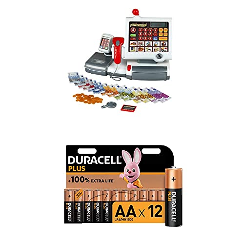 Theo Klein 9356 Kasse I Mit Folientastatur, Rechnerfunktion, Bezahlterminal samt Scanner und Waage mit Licht-und Soundfunktion + Duracell Plus AA Alkaline-Batterien, 12er Pack von Klein