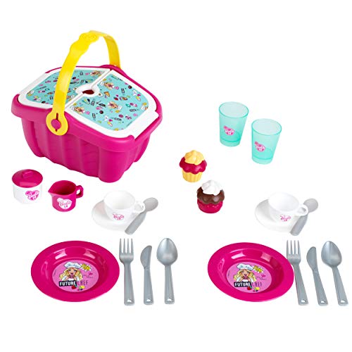 Klein Theo 9527 Barbie Picknickkorb I Robuster Spielzeug-Korb voll Buntem Geschirr und Cupcakes für Zwei I Maße: 25 cm x 20 cm x 22,5 cm I Spielzeug für Kinder ab 3 Jahren von Klein