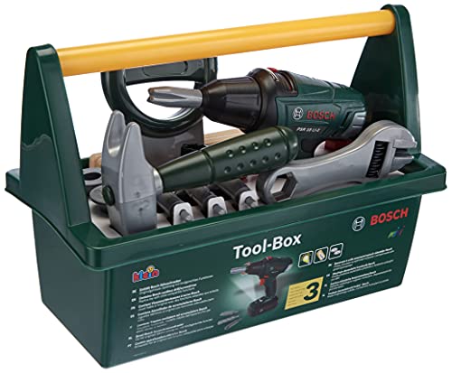 Klein Theo 8429 Bosch Werkzeug-Box | Mit Säge, Hammer, Zange und vielem mehr | Batteriebetriebener Akkuschrauber | Maße: 31 cm x 16,5 cm x 22,5 cm | Spielzeug für Kinder ab 3 Jahren von Klein