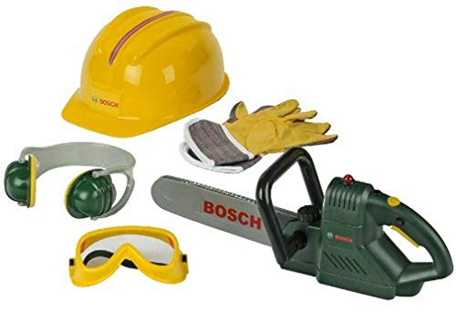 Klein Theo 8525 Bosch Kettensäge mit Zubehör | Mit batteriebetriebenem Sägegeräusch und Blinklicht | Inkl. Arbeitsschutzzubehör | Spielzeug für Kinder ab 3 Jahren von Klein