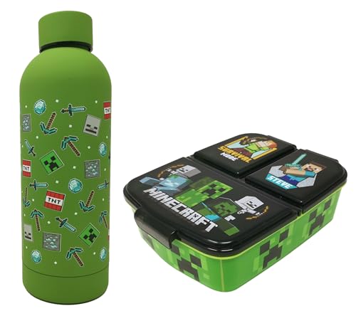 Theonoi Brotdose Set Minecraft Creeper Kinder Lunchbox Sandwichbox mit Unterteilung/Fächern und Trinkflasche Wasserflasche aus Stahl (Grün A) von Theonoi