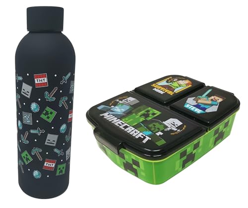 Theonoi Brotdose Set Minecraft Creeper Kinder Lunchbox Sandwichbox mit Unterteilung/Fächern und Trinkflasche Wasserflasche aus Stahl (Schwarz) von Theonoi