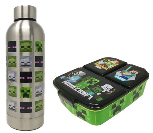 Theonoi Brotdose Set Minecraft Creeper Kinder Lunchbox Sandwichbox mit Unterteilung/Fächern und Trinkflasche Wasserflasche aus Stahl (Silber A) von Theonoi