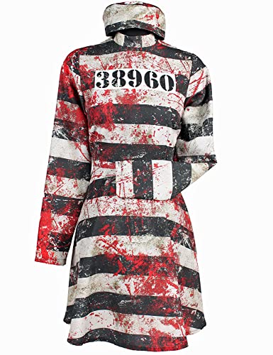 Thetru Halloween Kostüm Bloody Prisoner für Damen – Blutiges Sträflingskostüm mit Kleid und Mütze für Halloween & Mottoparty | Gruselige Horror-Verkleidung (L) von Thetru