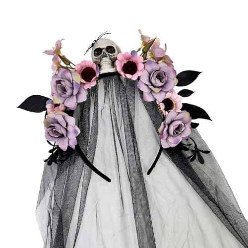 Bequemer Hexen-Kopfschmuck mit Totenkopf-Blumen-Haarband mit dekorativem Schleier für Halloween, Partys, Versammlungen, Cosplay, Events, Erwachsene und Kinder von Thewasc