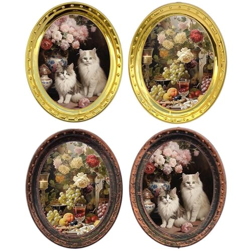 Miniatur-Bilderrahmen im Maßstab 1:12, Eisen, Miniatur-Bilderrahmen mit Katzen und Rose, Kunstwerk, Ölgemälde, Bilderrahmen, 4 Stück, Eisen, Basteln, Puppenhausmöbel von Thewasc