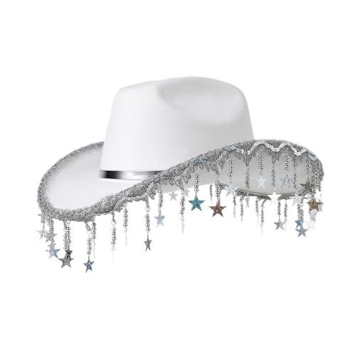 Thewasc Auffälliger Cowboyhut mit Pailletten, Sternfransen, Karneval, Rolle, Party, Cowgirl-Hut, Sonnenfest, breite Krempe, Fedora-Hut von Thewasc