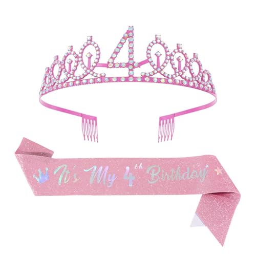 Thewasc Schimmerndes Geburtstagsset, Kristall-Tiaras, Kopfschmuck und glitzernde Schärpe für Kinder, Prinzessinnen-Motto-Party, Dekoration von Thewasc