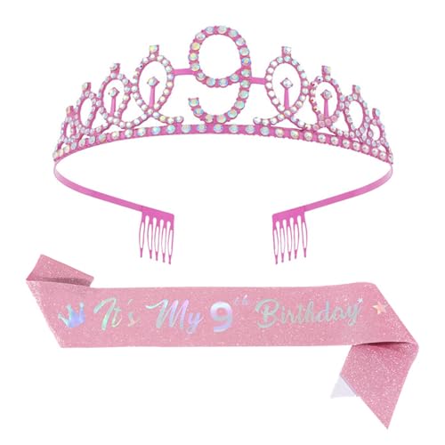 Thewasc Schimmerndes Geburtstagsset, Kristall-Tiaras, Kopfschmuck und glitzernde Schärpe für Kinder, Prinzessinnen-Motto-Party, Dekoration von Thewasc