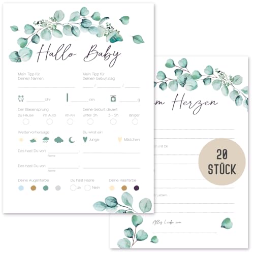 Things of Happiness 20 x Babyparty Ratespiel Karten zum Ausfüllen | Baby Tippkarten Jungen & Mädchen | Spiel Babyshower Party | Geschenk Geburt mit Wünschen fürs Baby (Eucalyptus) von Things of Happiness