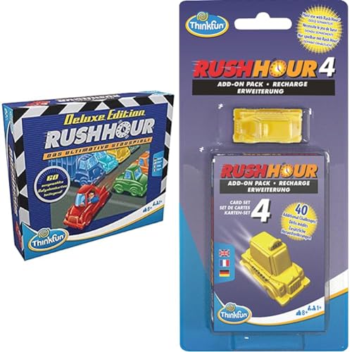 ThinkFun 76440 - Rush Hour - Das bekannte Stau-Spiel in der Deluxe Edition mit Fahrzeugen in Metalloptik, Logikspiel für Erwachsene und Kinder ab 8 Jahren & - 76453 - Rush Hour 4 Erweiterungsset von ThinkFun