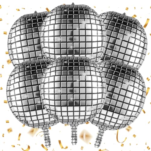 Thinp Disco-Ballons, 4D, große Disco-Ballons, 55,9 cm, rund, silberfarben, Disco-Ballons für 70er-, 80er-Jahre-Motto-Partys, Silvesterpartys, Dekorationen, hängende Spiegel, Discokugel-Ornamente, 6 von Thinp