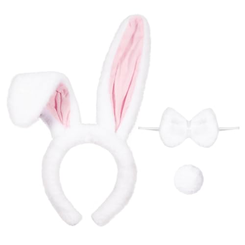 Thinp Hasenohren und Schwanz, Hasenohren Stirnband, niedliches Kaninchenohr-Stirnband, Plüsch, Oster-Stirnbänder, Halloween, Cosplay, Party, Kostümzubehör für erwachsene Frauen (Weiß & Rosa) von Thinp