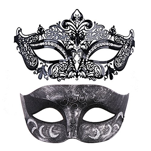 Thmyo 2 Pack Venezianische Masquerade Maske für Paare, Mardi Gras Halloween Ball Maske (Antikes Silber schwarz & schwarz 3) von Thmyo